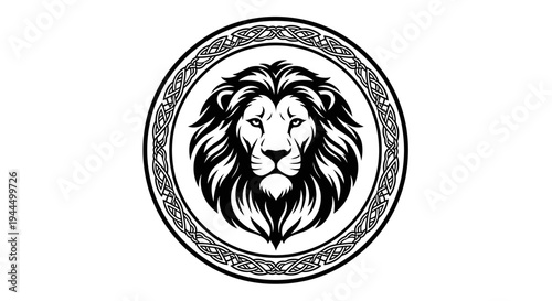 Black and white vector illustration of a majestic lion head with a powerful mane in an ornate circular frame, symbolizing strength and royalty.
