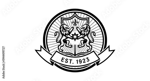 Vintage heraldic crest with two lions, shield, and fleur-de-lis. Classic black and white emblem established 1923, ideal for design.