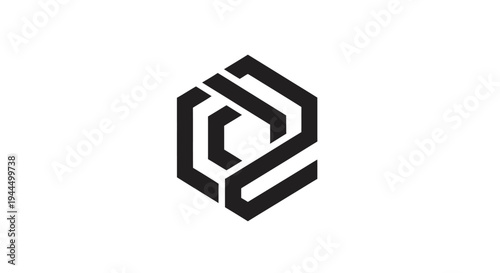 Abstract geometric modern black icon or symbol with hexagonal shape, minimalist digital design element for technology and business.