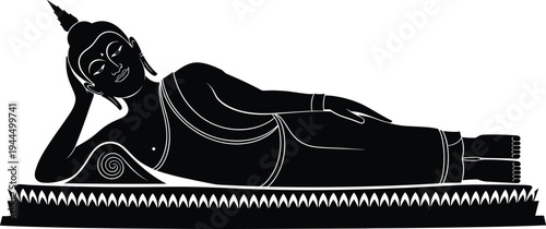 Black and white silhouette of reclining Buddha on ornate platform, symbolizing Parinirvana, peace, enlightenment, meditation, spirituality, and sacred Buddhist iconography in traditional art.