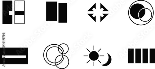 Black silhouette icons of abstract geometric and symbolic designs including squares, circles, triangles, sun, moon, and bars for user interface and graphic design