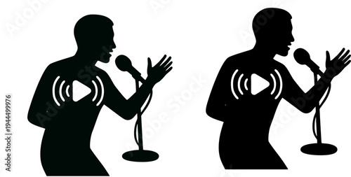 Professional vector illustration featuring silhouettes singing or speaking into microphones with play button and sound wave icons, symbolizing audio recording, vocal performance, and music broadcastin