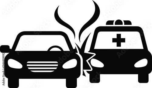 Black silhouette illustration of car crash with emergency vehicle showing collision impact, smoke, and medical cross symbol representing traffic accident, road safety, and insurance themes