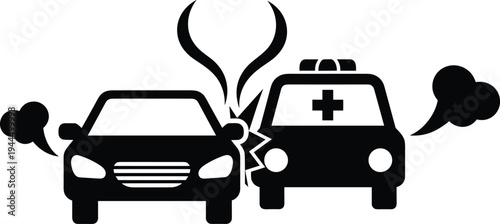 Black silhouette illustration of car crash with ambulance showing collision impact, smoke, and medical cross symbol representing traffic accident, road safety, emergency response, and insurance themes