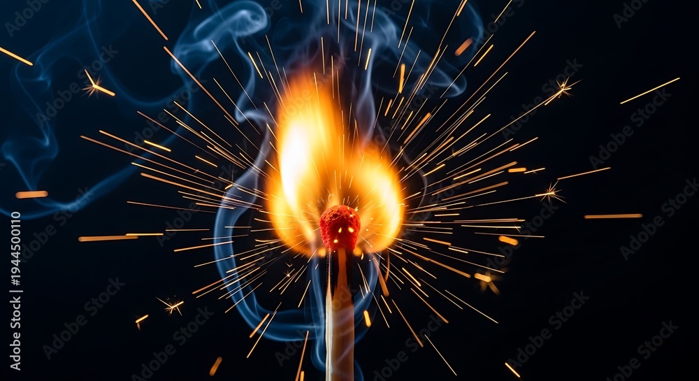 Obraz premium Close-up of a match igniting, showing flames, sparks, and smoke against a black background