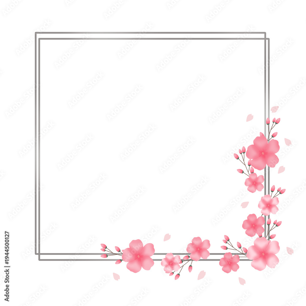 Obraz premium Silver square frame with sakura blossoms and falling petals along the side. Perfect PNG border for wedding invitations, greeting cards, and floral themed templates.