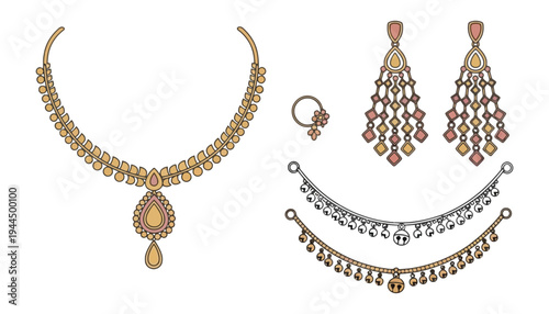 A gold and silver jewelry set with intricate designs and colorful gemstones