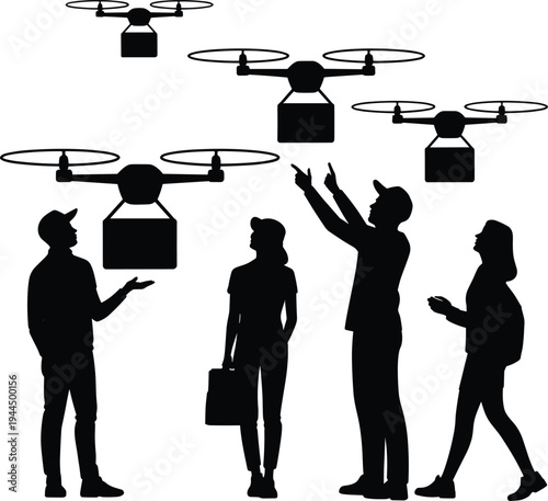 Drone delivery service silhouette with people watching quadcopter carrying package, modern logistics technology concept, autonomous aerial shipping vector illustration isolated background