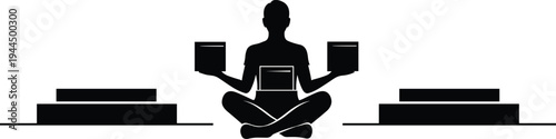 Black silhouette illustration of person meditating cross‑legged with laptop and books symbolizing balance, mindfulness, education, digital learning, and personal growth themes
