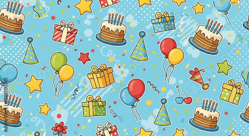 seamless pattern A colorful illustration of birthday party elements on a blue background
