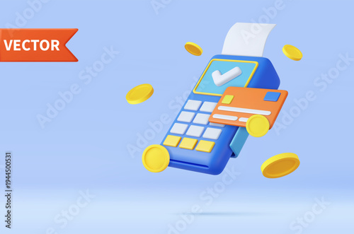 3d Online payment concept. Pos terminal, receipt, coins and credit card, Payment terminal, online transfer, online shopping, transactions online. 3d rendering. Vector illustration