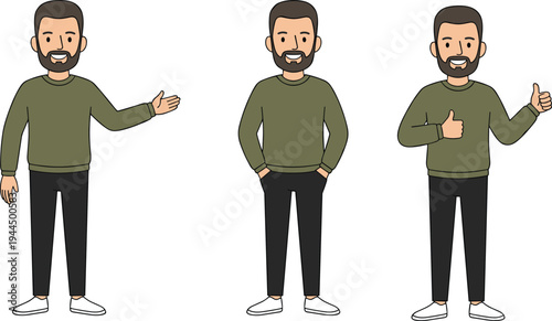 Friendly male character mascot in various poses pointing and giving thumbs up in flat line art vector style for landing pages and web interface design