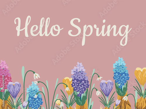Hello Spring greeting card template with colorful blooming bulb flowers