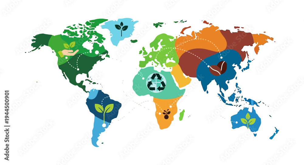 Naklejka premium Global Sustainable Economy Map: Agriculture, Recycling & Ethical Supply Chain World Connections
