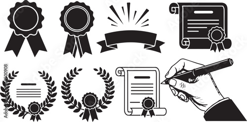 Awards and certificates icons with hand holding a pen