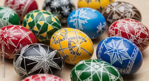 Colorful decorated Easter eggs arranged on wooden surface  