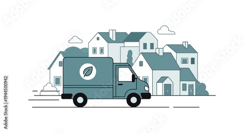 Eco-Friendly Delivery Truck with Leaf Logo Driving Through Residential Neighborhood - Sustainable Logistics Illustration