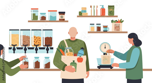 Sustainable Zero Waste Shopping Experience: Customers Refilling Bulk Foods and Buying Eco-Friendly Products at a Modern Refill Store