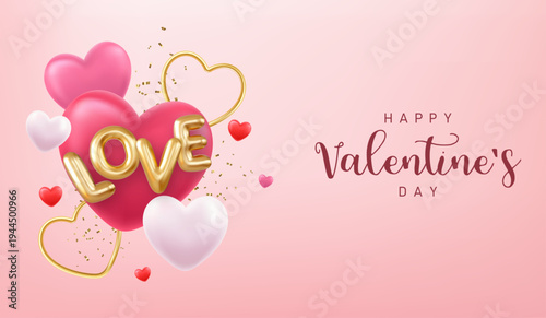 3d Happy Valentines Day banner with red heart balloons, gold metal shapes on pink background. Gift card, love party, invitation voucher design. 3d rendering. Vector illustration