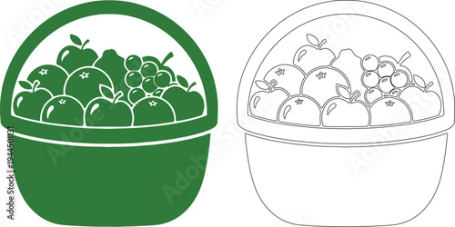 Green and black fruit basket silhouettes with apples and grapes