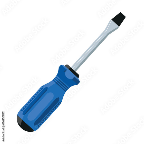 A vector illustration of a flat head (slotted) screwdriver featuring a textured blue ergonomic handle and a steel shaft