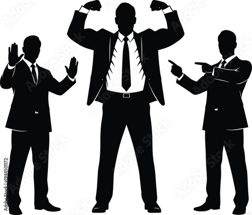 Businessmen silhouette set showing confident corporate professionals gesturing strong leadership success teamwork motivation and business communication isolated vector illustration