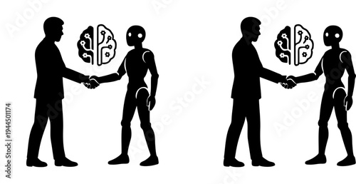 Professional vector illustration featuring silhouettes of human figures shaking hands with humanoid robots and brain icons, symbolizing human–AI collaboration, partnership, and modern technology brand