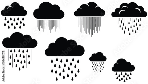 Cloud vector icons showing various rainy weather conditions and cloud types