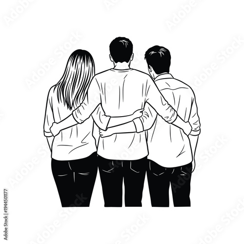Best Friends Back View Friendship Bond Emotional Connection Line Art Vector illustration.