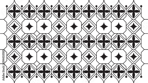 Black and white geometric pattern with diamond shapes and crosses