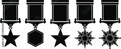 Collection of five distinct military medals with colorful ribbons, symbolizing honor, achievement, bravery, recognition, and service awards in armed forces and ceremonial traditions.