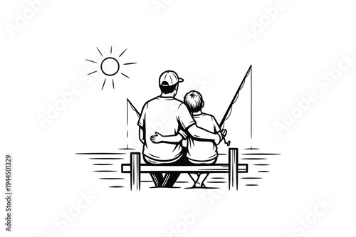 Father and Son Fishing Together on Dock Family Outdoor Moment Line Art Vector illustration.