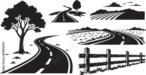 Winding Road Through Countryside with Tree and Fence Silhouettes