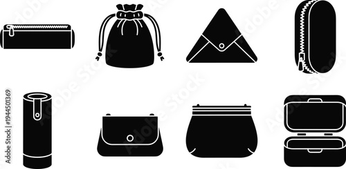 Collection of various pencil cases and cosmetic bags icons, minimalist black silhouettes representing different storage styles for stationery, makeup accessories, and personal everyday carry items.