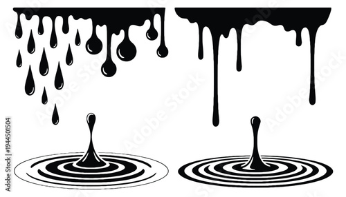 Ink droplet vector illustration set with drips and splashes