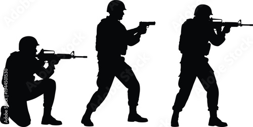 Military soldiers aiming rifles silhouette set showing tactical army combat positions including kneeling standing and advancing armed forces defense security isolated vector illustration