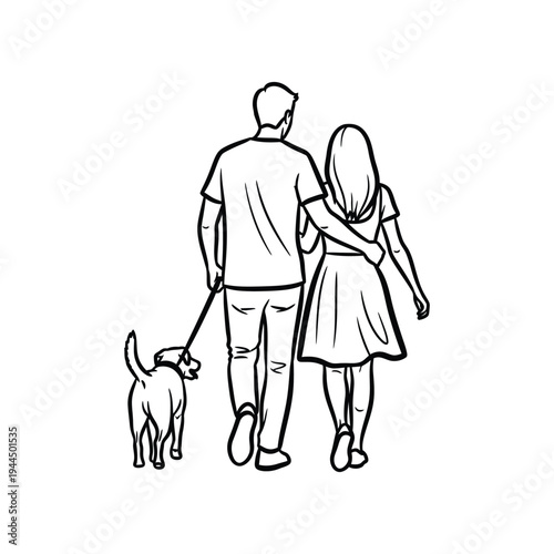Man and Woman Walking Dog Together Back View Lifestyle Scene Line Art Vector illustration.