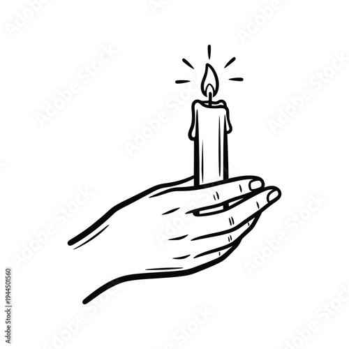 Hand Holding Burning Candle Symbol of Hope and Light Line Art Vector illustration.