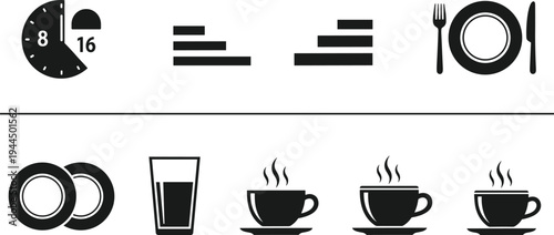 Intermittent fasting schedule icons showing 8 16 fasting method with meals, water and coffee symbols illustrating diet routine, healthy eating and fasting plan concept