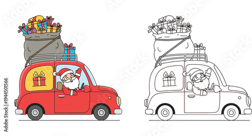 Santa Claus driving a red car loaded with Christmas gifts, including a black and white line art coloring book page version. Vector illustration.