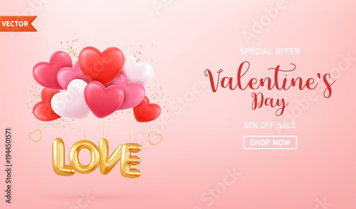 3d Happy Valentine's Day banner or background with heart balloon, confetti party. Romantic greeting card design with lovely elements. Promotion, special discount. 3d rendering. Vector illustration