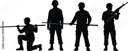Military soldiers silhouette set showing armed army personnel standing kneeling and holding rifles and tactical gear representing defense security combat forces isolated illustration