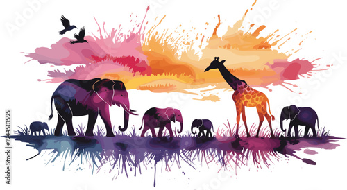 african, wildlife, animals, safari, elephant, giraffe, silhouette, sunset, watercolor, splatter, nature, savanna, herd, landscape, illustration, vector, colorful, wild, ecosystem, adventure