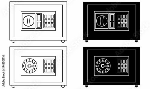 safe deposit box and vault icon set.dial lock and keypad panel. Outline and silhouette.vector illustration for banking security, money storage, protection, and financial safety concept
