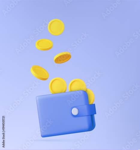 3D money saving holding wallet , coin. online payment and payment concept. 3d holding wallet render for investment, bank, finance, investment, money wallet. Vector illustration