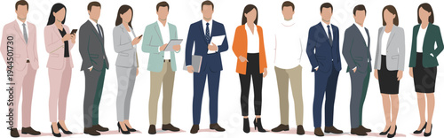 Group of professional business people standing in formal suits and office wear for corporate team presentation and diverse workforce recruitment marketing web design