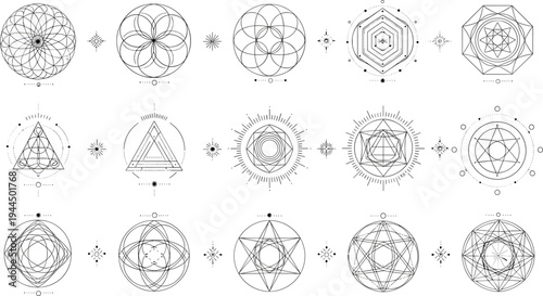 Sacred Geometry Symbol Collection with Mandala Circles, Mystic Alchemy Shapes, Spiritual Esoteric Patterns, and Geometric Line Art Vector Set