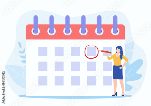 Female Circle Date on Calendar Planning Important Matter. Time Management and deadline concept, Work Organization and Life Events Notification, Memo Reminder. Vector illustration in flat style