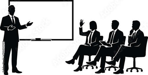 Silhouette of a businessman giving a presentation to professional colleagues in a meeting room with one audience member raising their hand to ask.