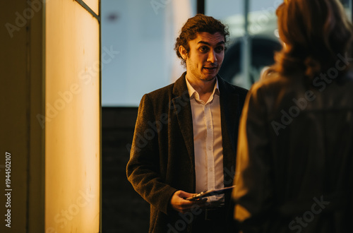 A male business associate speaks to a female colleague while holding a clipboard in an evening setting. Two professionals converse by an illuminated building entrance during nighttime.